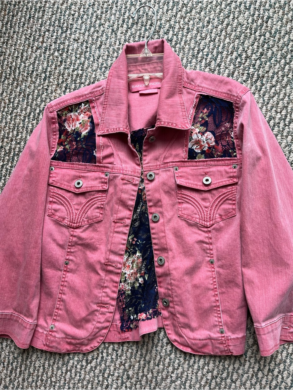 Bandolino Pink Denim Jacket with Floral Inset Panels
